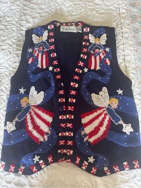 Vintage 90s Patriotic Angel Sweater Vest L USA Cottagecore